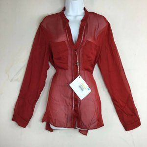 Atos Lombardini Women's Maroon Mesh Transparent Button Up Shirt Top Size 44L